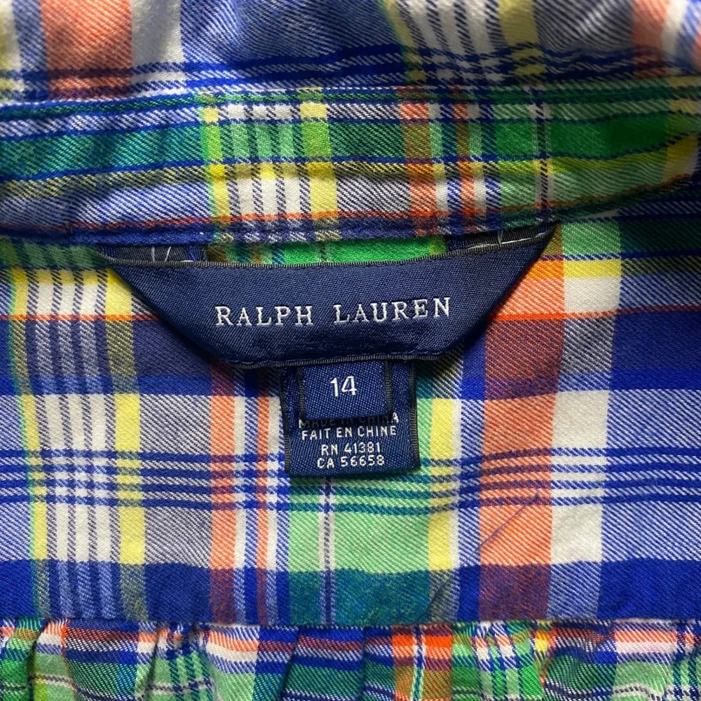 Ralph Lauren Button Down Shirt Girls 14 Plaid Ruffle Multi Color Cotton